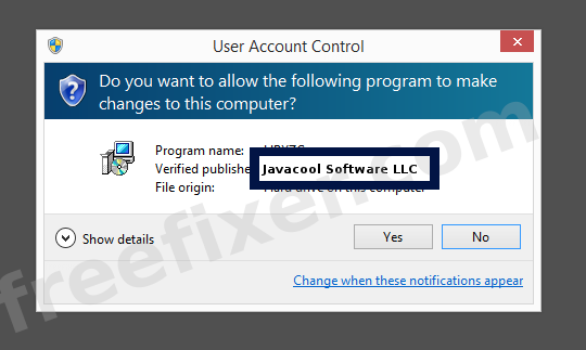 Screenshot where Javacool Software LLC appears as the verified publisher in the UAC dialog